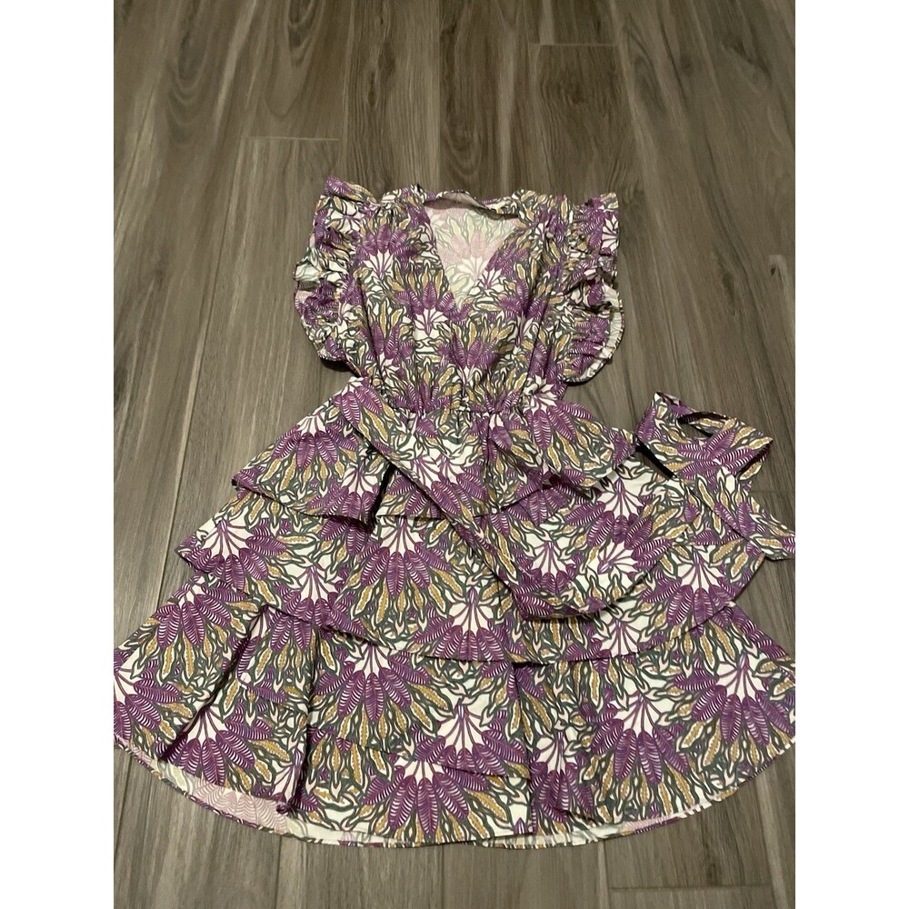 Marie Oliver Fiona Dress Sze XXS Purple Green Floral Cotton Vneck Ruffle Sleeve - Picture 7 of 9